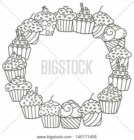 Black and white frame with cute cupcakes for coloring book. Vector illustration