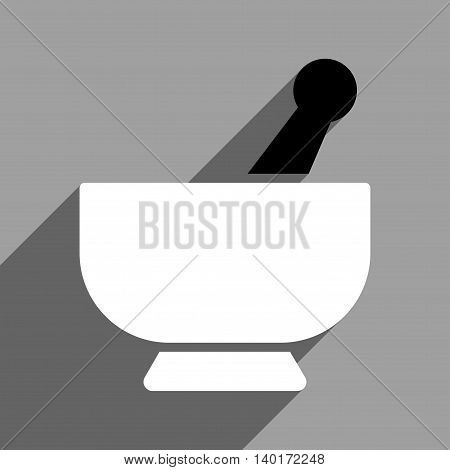 Mortar long shadow vector icon. Style is a flat mortar black and white iconic symbol on a gray square background.
