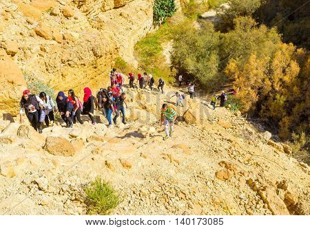 EIN GEDI ISRAEL - FEBRUARY 17 2016: Thre group of children hike in the Nature Reserve along the rocky slopes on February 17 in Ein Gedi.