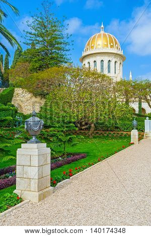 The alley covered with gravel leads to the Bab's Shrine Haifa Israel.