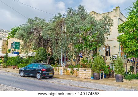 HAIFA ISRAEL - FEBRUARY 20 2016: The German Colony neighborhood boasts shady green trees protecting the cottages from sun beams and providing the shade on February 20 in Haifa.