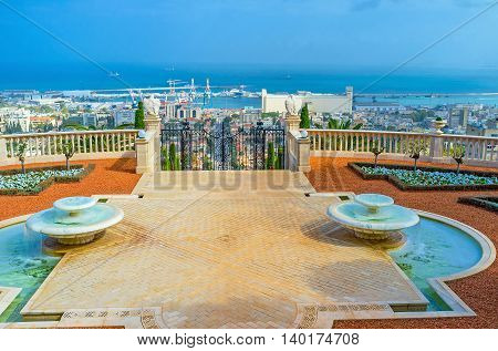 The terrace of Bahai Garden is the best place to overlook Haifa districts located at the foot of Carmel Mount Israel.
