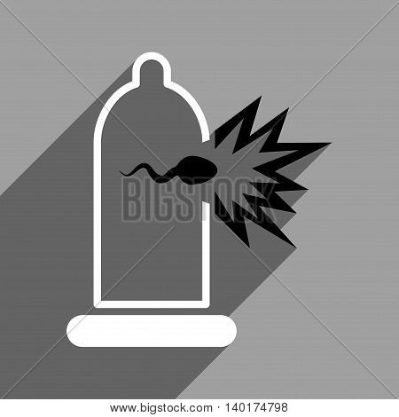 Sperm Escape from Condom long shadow vector icon. Style is a flat sperm escape from condom black and white iconic symbol on a gray square background.