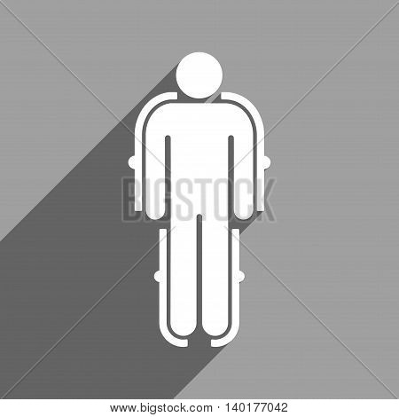 Exoskeleton long shadow vector icon. Style is a flat exoskeleton white iconic symbol on a gray square background.