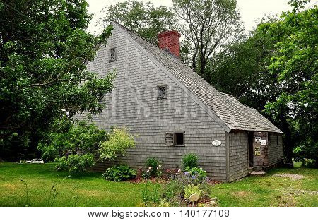 Sandwich Massachusetts- July 13 2015: The 1675 Hoxie House a shingled saltbox colonial home on Cape Cod