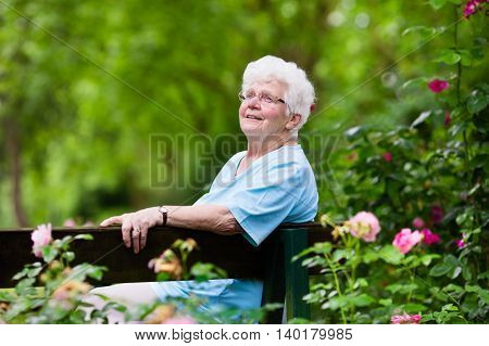 Happy senior lady sitting on wooden bench blooming rose garden. Grandmother picking fresh flowers. Retired elderly woman gardening on sunny summer day. Active retirement and health care concept.