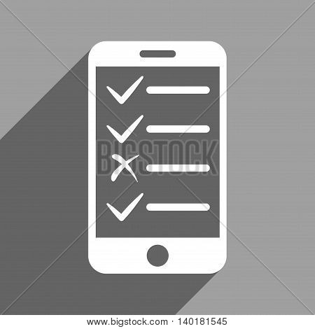 Mobile Test long shadow vector icon. Style is a flat mobile test white iconic symbol on a gray square background.