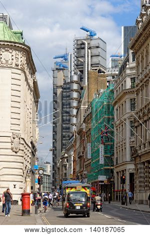 LONDON UK - JULY 1 2014: The Lloyd's Building also known as The Inside-Out Building home of insurance institution Lloyd of London. Like Pompidou Centre in Paris Lloyd was designed by Rogers 1986.
