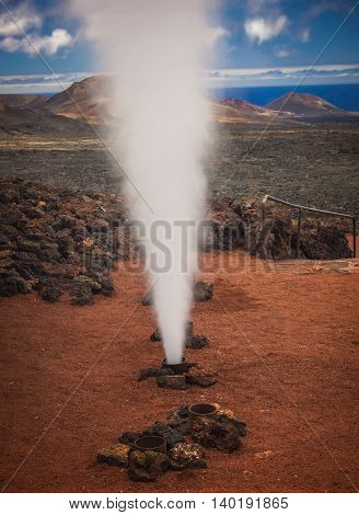Hot water and steam vents in the Timanfaya National Park ( also called The Montanas del Fuego or Mountains of Fire ) in Lanzarote, Canary Islands, Spain