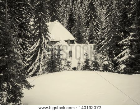 Snowy Wooden Cottage At Muntele Mic Resort Caransebes Romania Black And White Filter