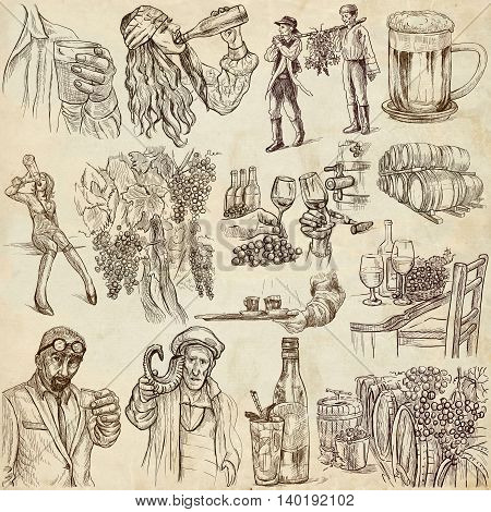 Drinking people. Drink. Alcohol.Collection of an hand drawing illustrations. Pack of full sized hand drawn illustrations. Set of freehand sketches. Line art technique. Drawing on paper background.