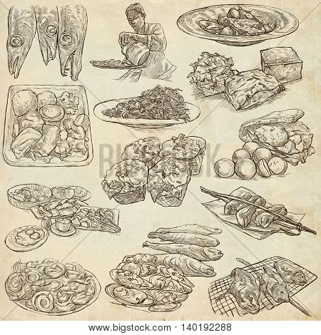FOOD menu.Cuisine. Cooking. Dish. Collection of an hand drawing illustrations. Pack of full sized hand drawn illustrations. Set of freehand sketches. Line art technique. Drawing on paper background.