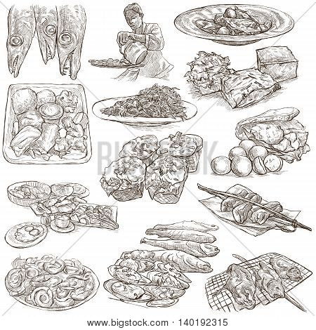 FOOD menu.Cuisine. Cooking. Dish. Collection of an hand drawing illustrations. Pack of full sized hand drawn illustrations. Set of freehand sketches. Line art technique. Drawing on white background.