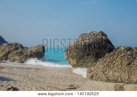 Turquoise Water Of Megali Petra Wild Beach In Lefkada Island In Greece