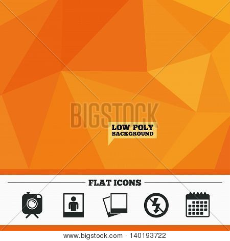 Triangular low poly orange background. Hipster retro photo camera with mustache icon. No flash light symbol. Human selfie portrait photo frame. Calendar flat icon. Vector