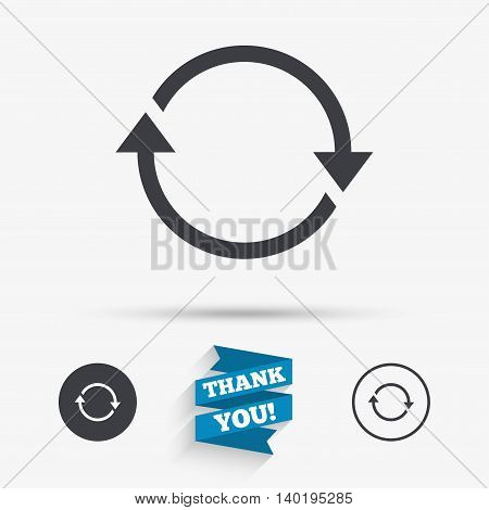 Rotation icon. Repeat symbol. Refresh sign. Flat icons. Buttons with icons. Thank you ribbon. Vector