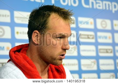 Budapest Hungary - Jul 14 2014. Viktor Nagy (Hungary) goalkeeper talking after Spain-Hungary preliminary match. The Waterpolo European Championship was held in Alfred Hajos Swimming Centre in 2014.