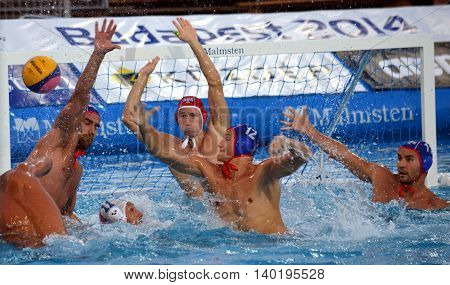Budapest Hungary - Jul 14 2014. Russian team defends at the goal line. The Waterpolo European Championship was held in Alfred Hajos Swimming Centre in 2014.