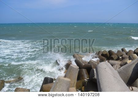 Concrete block tetrapod breakwater protect muine sea vietnam