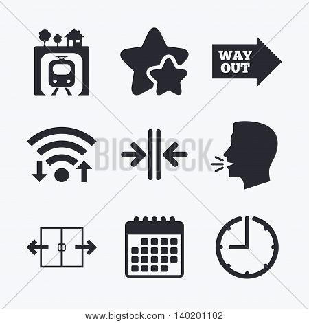Underground metro train icon. Automatic door symbol. Way out arrow sign. Wifi internet, favorite stars, calendar and clock. Talking head. Vector