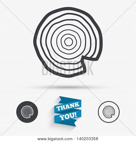 Wood sign icon. Tree growth rings. Tree trunk cross-section with nick. Flat icons. Buttons with icons. Thank you ribbon. Vector