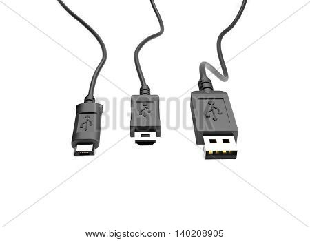 3D Illustration USB Cable Plugs on white background.