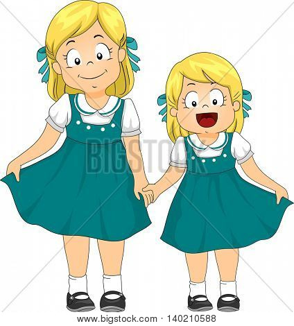 Illustration of a Pair of Sisters Dressed in Matching Vintage Dresses