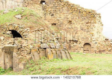 Sacred place at ancient monastery Tatev in the mountains of Armenia. Was founded in year 906. 