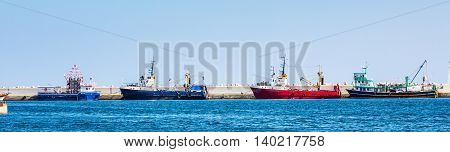 Nessebar, Bulgaria - July 25, 2016: Port and ships panoramic view in Nesebar in Bulgaria