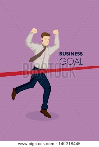 Cartoon business professional running towards marathon finishing line. Vector business illustration for satisfaction for reaching business goal concept isolated on purple background.