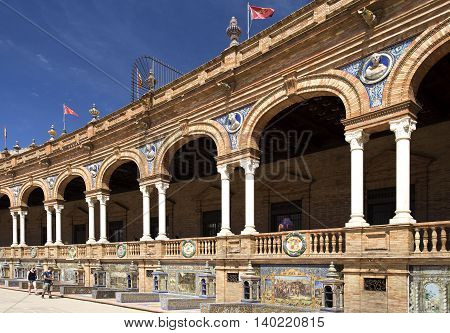 SEVILLE, SPAIN - September 13, 2015: Detail of the many tiled Provincial Alcoves along the walls of the Plaza de Espana (Spain Square) on September 13, 2015 in Seville, Spain