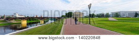 VITEBSK BELARUS - JULY 13 2016: Panoramic view of Kirovsky bridge across the Western Dvina and the Millennium Square of Vitebsk summer morning Vitebsk Belarus