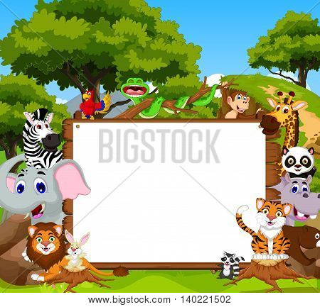 funny animal cartoon with blank sign and forest background