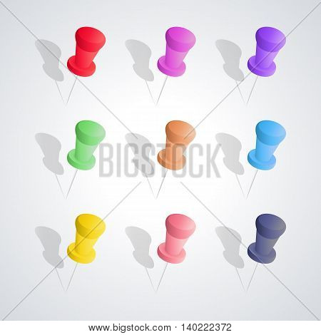 Set of nine colored pushpins with shadow and 3D effect isolated on white background design elements Chancellery first set vector illustration.