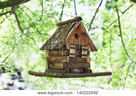 Starling house for birds on tree in summer park. Decorative birds wooden small house outdoors