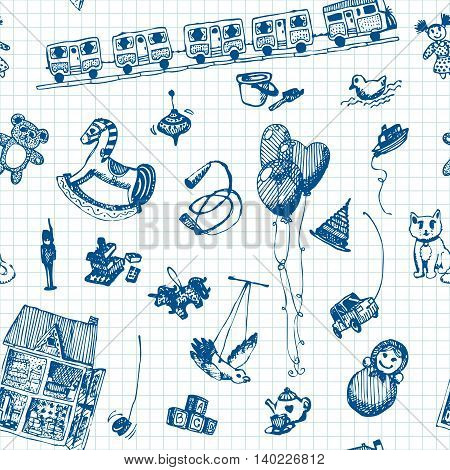 Hand drawn doodle toys seamless pattern. Blue pencil objects, notebook background. Play, game, kids, children, child, poster, flyer, design.