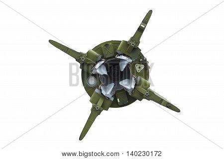 Soviet strategic missile, rear view, white background