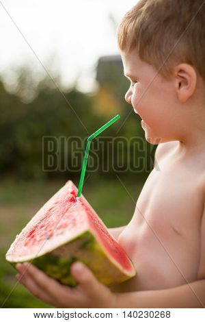 Cute little kid boy holding a big slice of watermelon with straw and smiling. Summer taste. Harvest at the farm. Delicious healthy snack for children. Juicy fruit