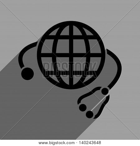 Global Medicine long shadow vector icon. Style is a flat global medicine black iconic symbol on a gray square background with longshadow.