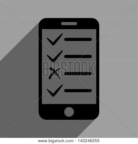 Mobile Test long shadow vector icon. Style is a flat mobile test black iconic symbol on a gray square background with longshadow.