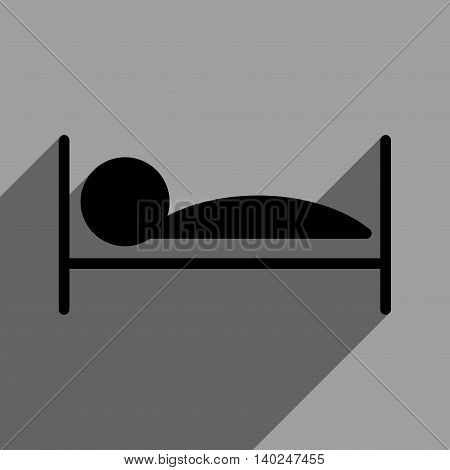 Patient Bed long shadow vector icon. Style is a flat patient bed black iconic symbol on a gray square background with longshadow.