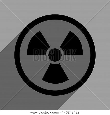 Radiation Danger long shadow vector icon. Style is a flat radiation danger black iconic symbol on a gray square background with longshadow.