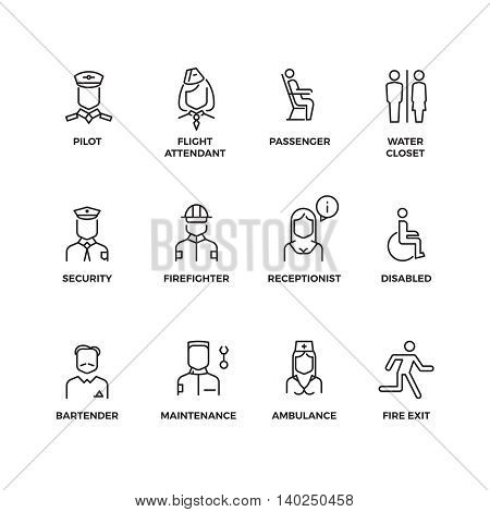Aviation staff linear vector icons. Pilot, passenger, stewardess, security officer outline symbols. Illustration staff for aviation stewardess and nurse, Line set of icon for airport
