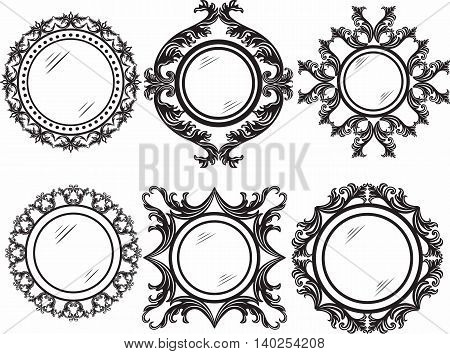 Set of Vintage Retro Round Vector frames. Black and white ornamented workframe