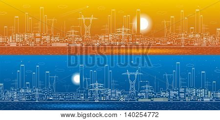 Power plant on the water, electricity lines, energy and industrial panoramic, infrastructure, vector design art
