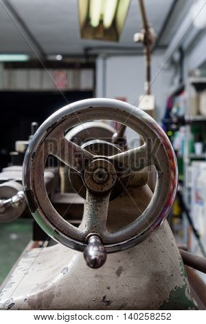 industrial boring mill wheel controller close up view