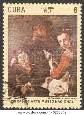 MOSCOW RUSSIA - CIRCA FEBRUARY 2016: a post stamp printed in CUBA shows a painting "Spinner" by B. Piazzeta the series "The National Museum - Paintings" circa 1981