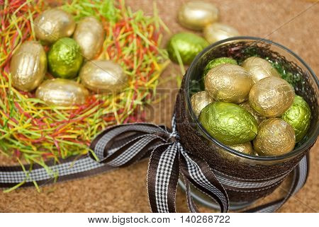 Table decoration for Easter with chocolate eggs