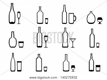 Set of black and white icons of the bottle with the appropriate glasses