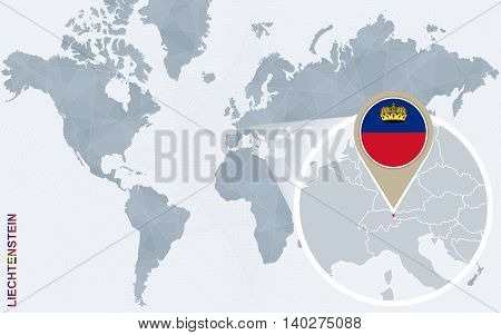 Abstract Blue World Map With Magnified Liechtenstein.